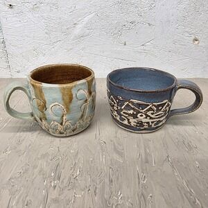 Handcrafted Studio Pottery Mugs Set 2 Carved Blue Glaze Botanical Geometric PM